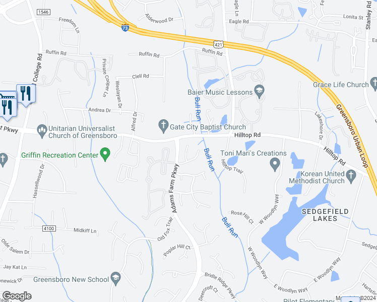 map of restaurants, bars, coffee shops, grocery stores, and more near 8 Mill Path Lane in Greensboro