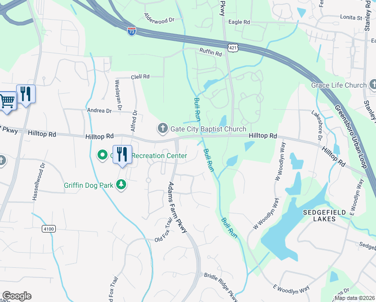map of restaurants, bars, coffee shops, grocery stores, and more near 8 Mill Path Lane in Greensboro