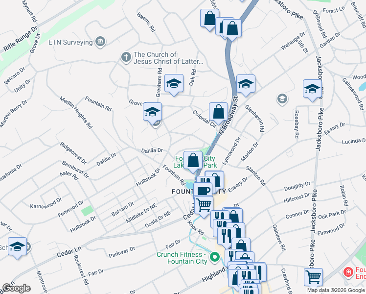 map of restaurants, bars, coffee shops, grocery stores, and more near 108 Evergreen Drive Northeast in Knoxville