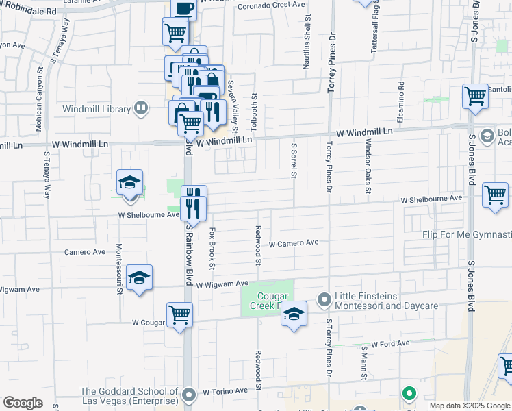 map of restaurants, bars, coffee shops, grocery stores, and more near 6705 Philharmonic Avenue in Las Vegas