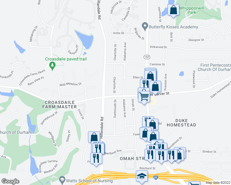 map of restaurants, bars, coffee shops, grocery stores, and more near 2812 Carver Street in Durham