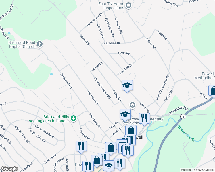 map of restaurants, bars, coffee shops, grocery stores, and more near 7925 Ewing Road in Powell