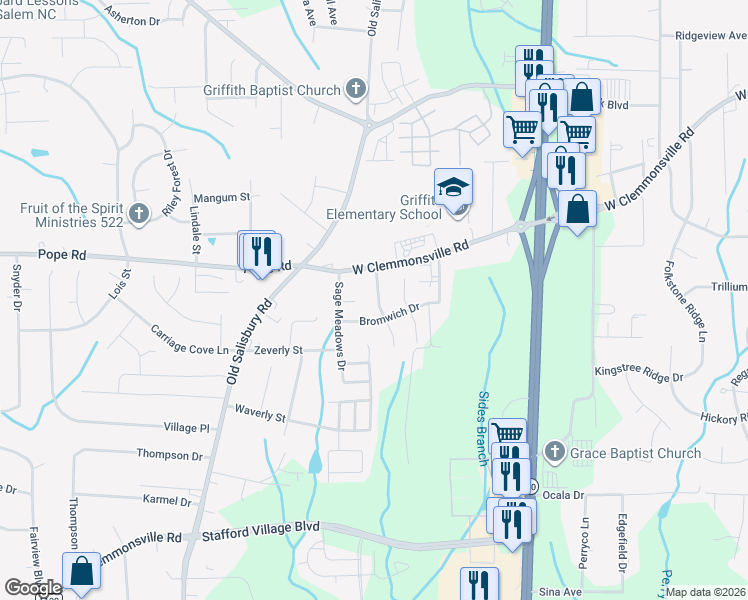 map of restaurants, bars, coffee shops, grocery stores, and more near 1463 Bromwich Drive in Winston-Salem