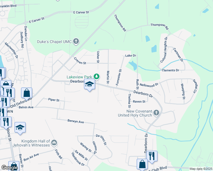 map of restaurants, bars, coffee shops, grocery stores, and more near 601 Martin Street in Durham
