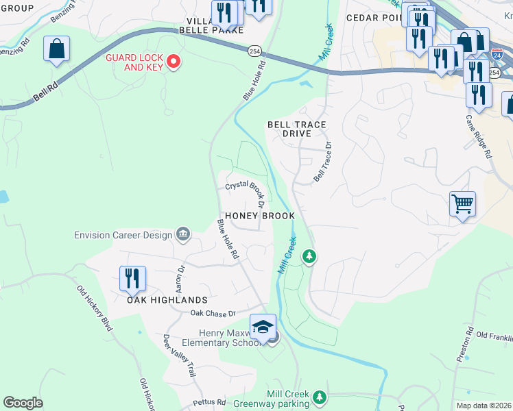 map of restaurants, bars, coffee shops, grocery stores, and more near 4785 Crystal Brook Drive in Nashville