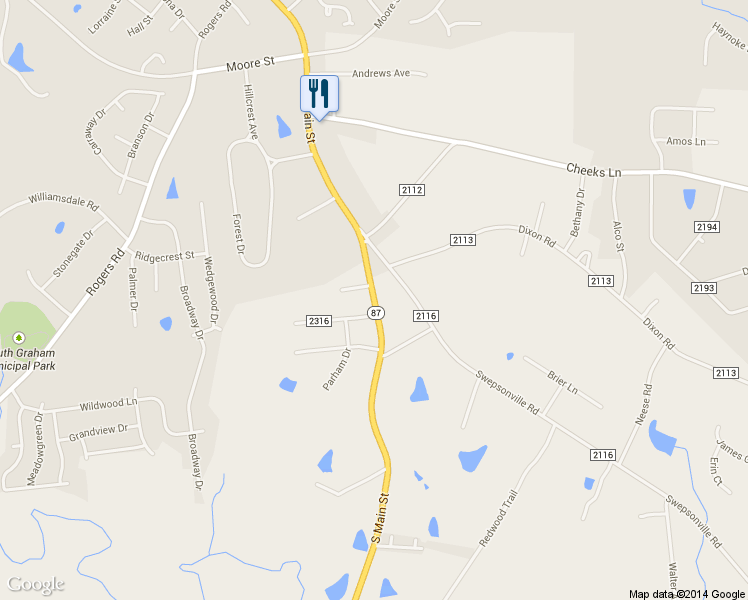 map of restaurants, bars, coffee shops, grocery stores, and more near S Main St in Graham