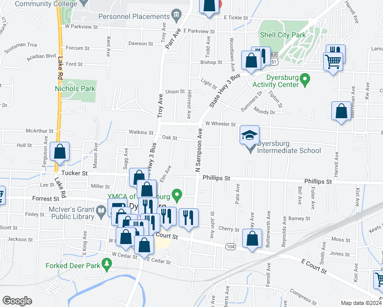 map of restaurants, bars, coffee shops, grocery stores, and more near 529 North Sampson Avenue in Dyersburg