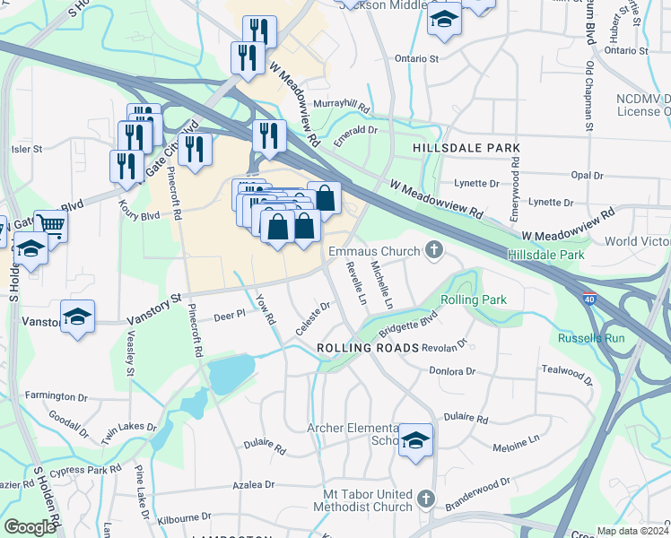 map of restaurants, bars, coffee shops, grocery stores, and more near 2207 4 Seasons Boulevard in Greensboro