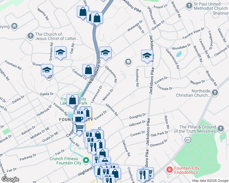 map of restaurants, bars, coffee shops, grocery stores, and more near 3105 Essary Drive in Knoxville