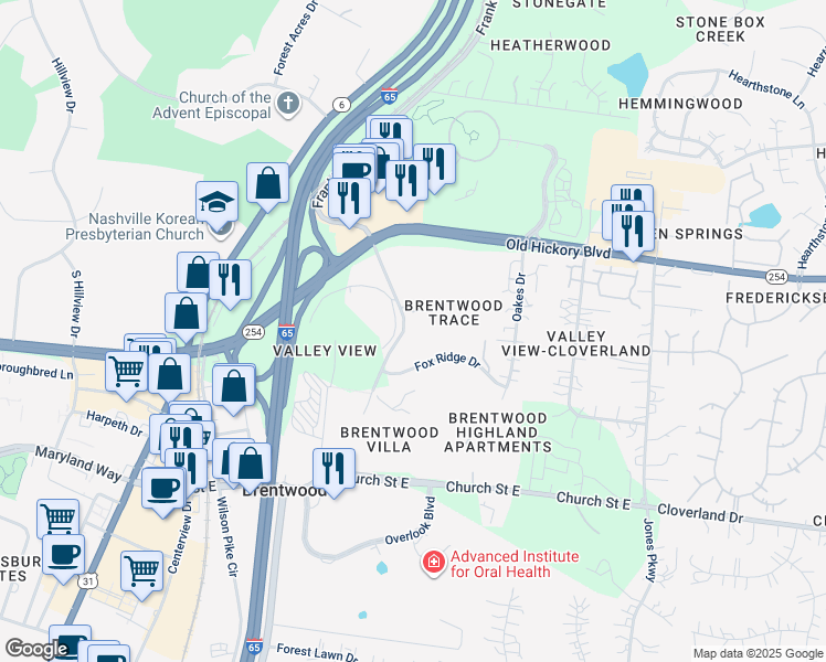 map of restaurants, bars, coffee shops, grocery stores, and more near 5764 Stone Brook Drive in Brentwood