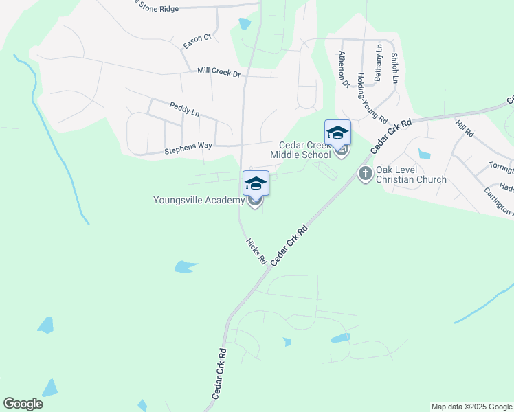 map of restaurants, bars, coffee shops, grocery stores, and more near 2045 Hicks Road in Youngsville