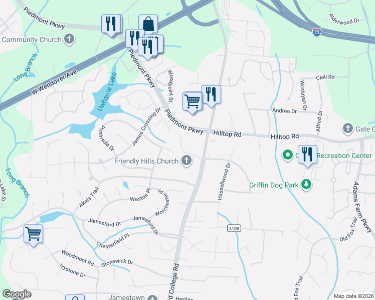 map of restaurants, bars, coffee shops, grocery stores, and more near 4744 Barrington Place Court in Jamestown