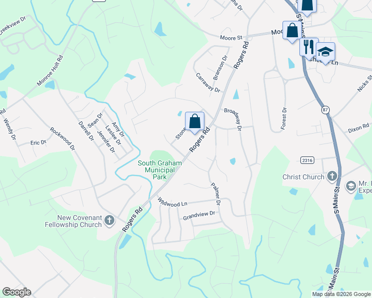 map of restaurants, bars, coffee shops, grocery stores, and more near 1540 Rogers Road in Graham