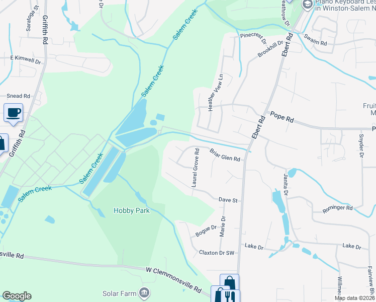 map of restaurants, bars, coffee shops, grocery stores, and more near 4013 Primrose Path in Winston-Salem