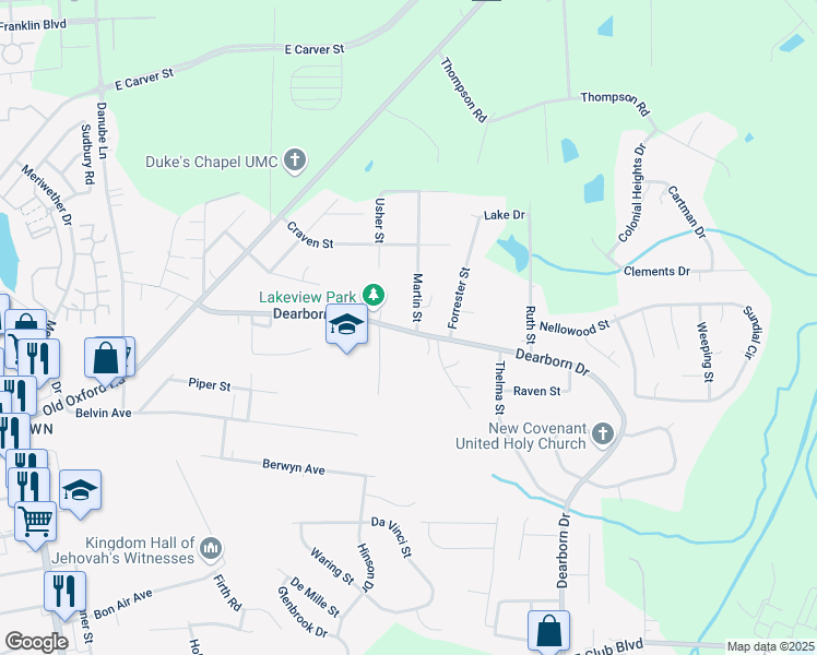 map of restaurants, bars, coffee shops, grocery stores, and more near 601 Martin Street in Durham