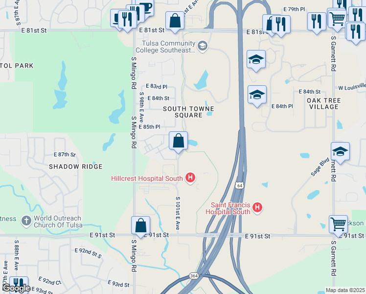 map of restaurants, bars, coffee shops, grocery stores, and more near South 101st East Avenue & Mingo Trail in Tulsa