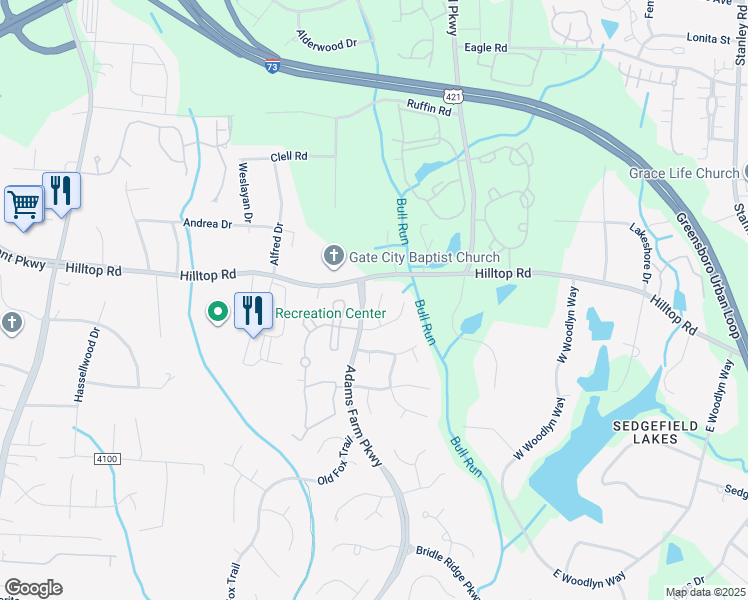 map of restaurants, bars, coffee shops, grocery stores, and more near 9 Mill Path Lane in Greensboro