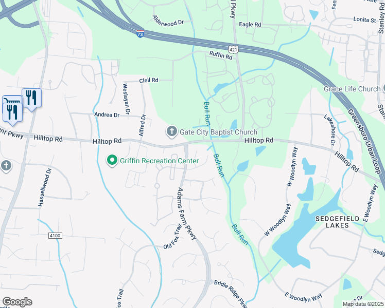 map of restaurants, bars, coffee shops, grocery stores, and more near 9 Mill Path Lane in Greensboro