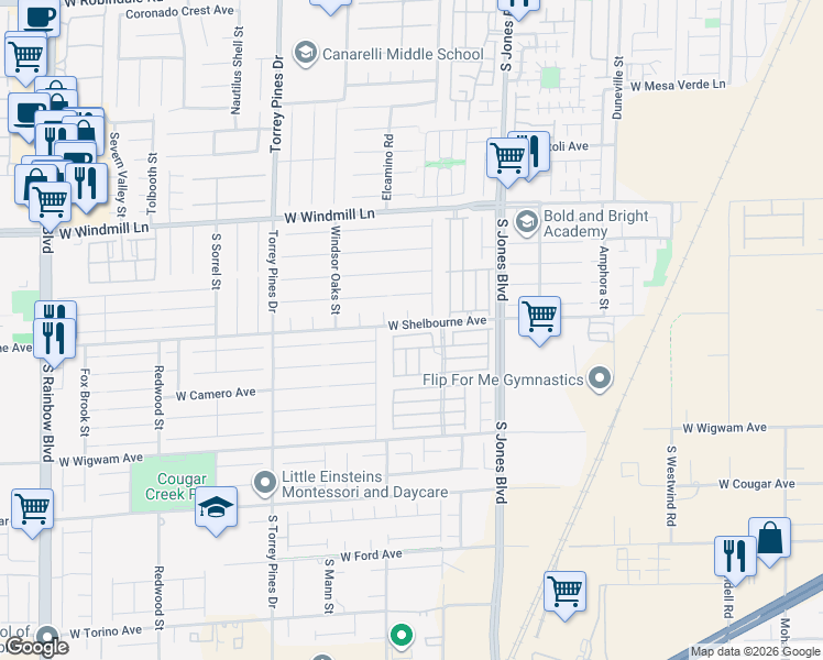 map of restaurants, bars, coffee shops, grocery stores, and more near 8355 Lamplight Drive in Las Vegas
