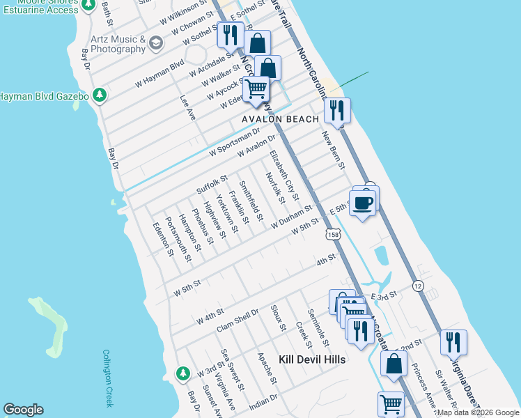 map of restaurants, bars, coffee shops, grocery stores, and more near 2006 Smithfield Street in Kill Devil Hills