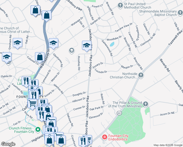 map of restaurants, bars, coffee shops, grocery stores, and more near 3047 Gibbs Drive in Knoxville