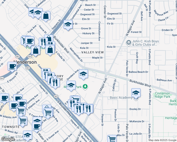map of restaurants, bars, coffee shops, grocery stores, and more near 147 Westminster Way in Henderson