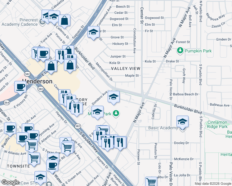 map of restaurants, bars, coffee shops, grocery stores, and more near 147 Westminster Way in Henderson