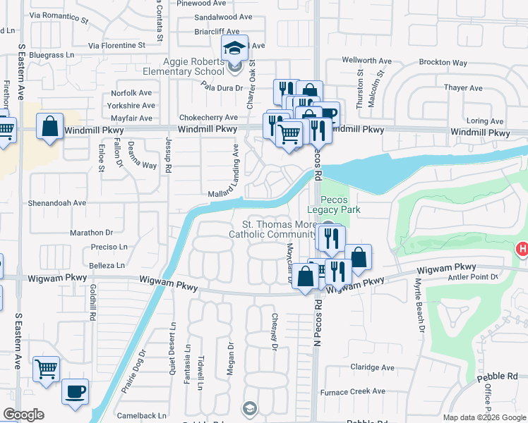 map of restaurants, bars, coffee shops, grocery stores, and more near 137 Weatherstone Drive in Henderson
