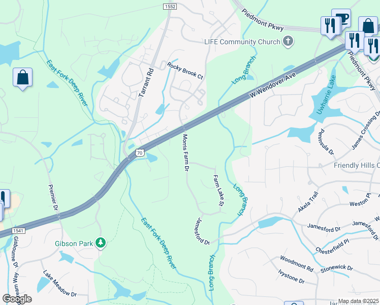 map of restaurants, bars, coffee shops, grocery stores, and more near 4405 Spring Meadow Place in Jamestown