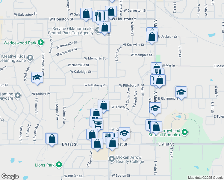 map of restaurants, bars, coffee shops, grocery stores, and more near 522 West Richmond Street in Broken Arrow