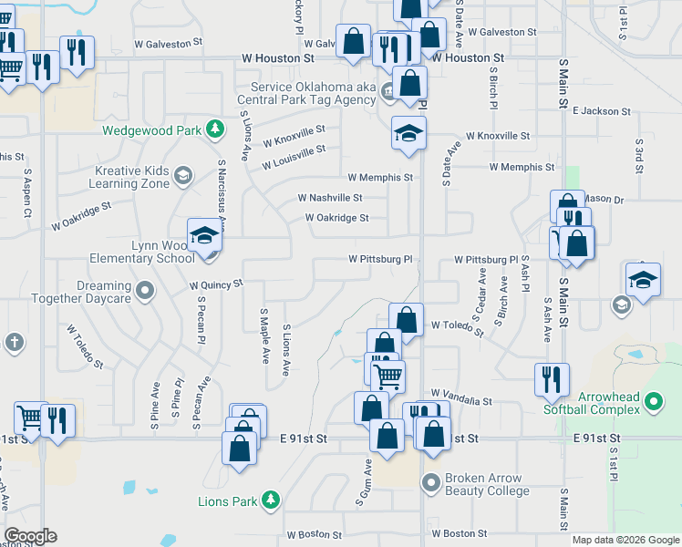 map of restaurants, bars, coffee shops, grocery stores, and more near 1012 West San Antonio Street in Broken Arrow