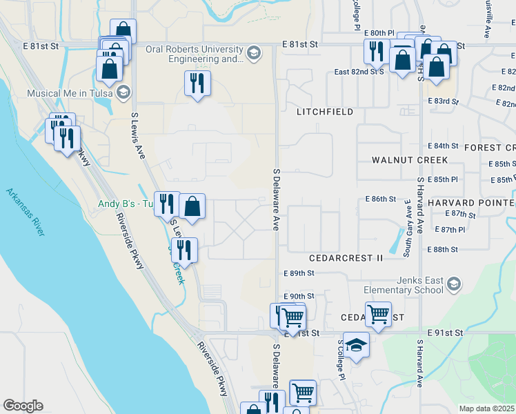 map of restaurants, bars, coffee shops, grocery stores, and more near 2702 East 88th Street in Tulsa