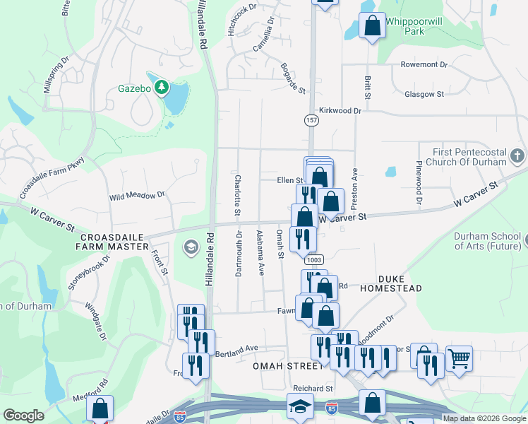 map of restaurants, bars, coffee shops, grocery stores, and more near 3029 Alabama Avenue in Durham