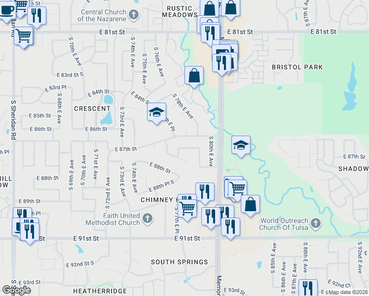 map of restaurants, bars, coffee shops, grocery stores, and more near 7743 East 87th Court in Tulsa