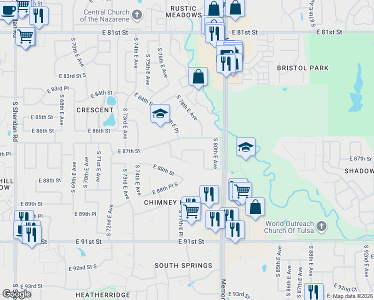 map of restaurants, bars, coffee shops, grocery stores, and more near 7743 East 87th Court in Tulsa