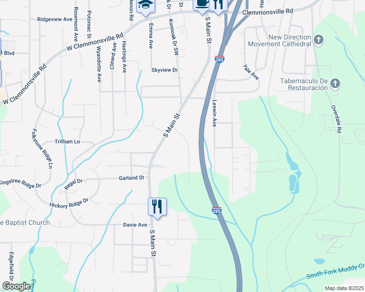 map of restaurants, bars, coffee shops, grocery stores, and more near 154 Southview Drive in Winston-Salem