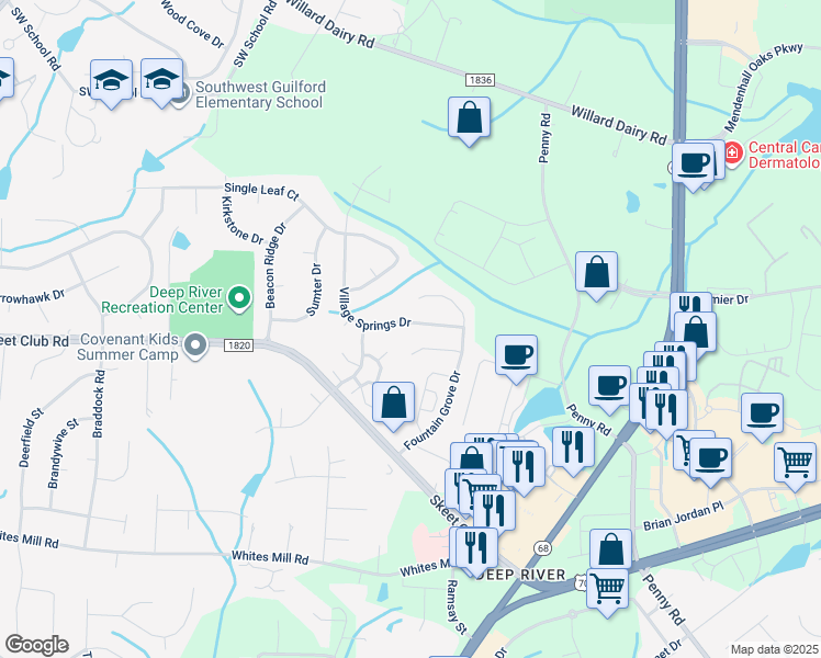 map of restaurants, bars, coffee shops, grocery stores, and more near 3706 Village Springs Court in High Point