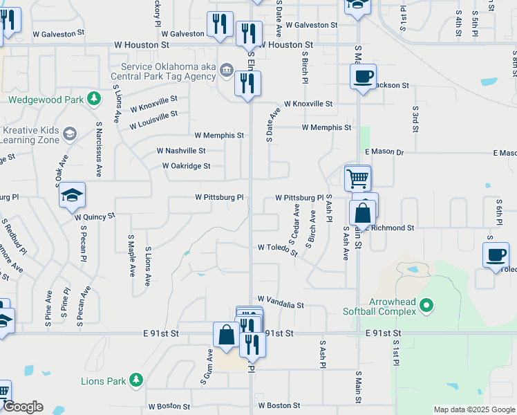 map of restaurants, bars, coffee shops, grocery stores, and more near 522 West Richmond Street in Broken Arrow