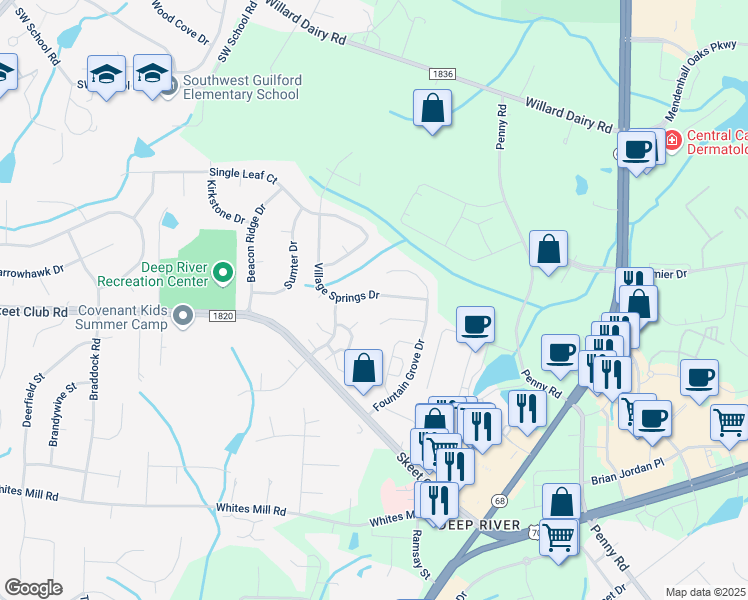 map of restaurants, bars, coffee shops, grocery stores, and more near 3702 Village Springs Drive in High Point