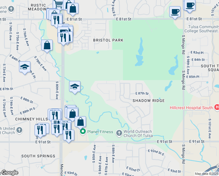 map of restaurants, bars, coffee shops, grocery stores, and more near 8642 South 86th East Avenue in Tulsa
