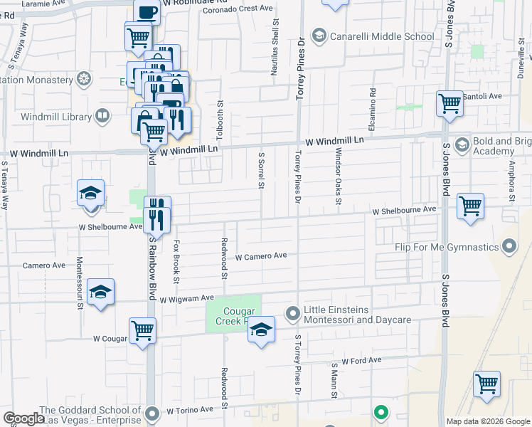 map of restaurants, bars, coffee shops, grocery stores, and more near 8294 Sorrel Street in Las Vegas
