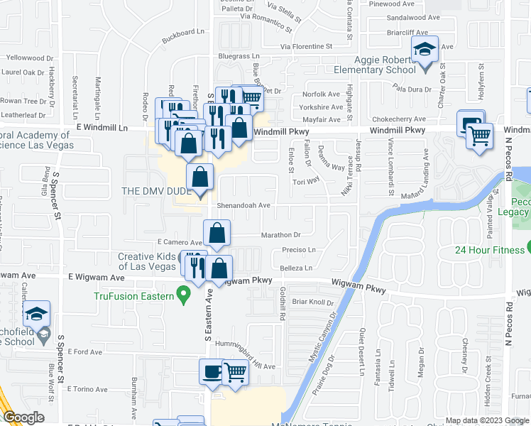map of restaurants, bars, coffee shops, grocery stores, and more near 146 Sheridan Drive in Henderson