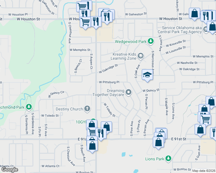 map of restaurants, bars, coffee shops, grocery stores, and more near 2012 West Pittsburg Place in Broken Arrow