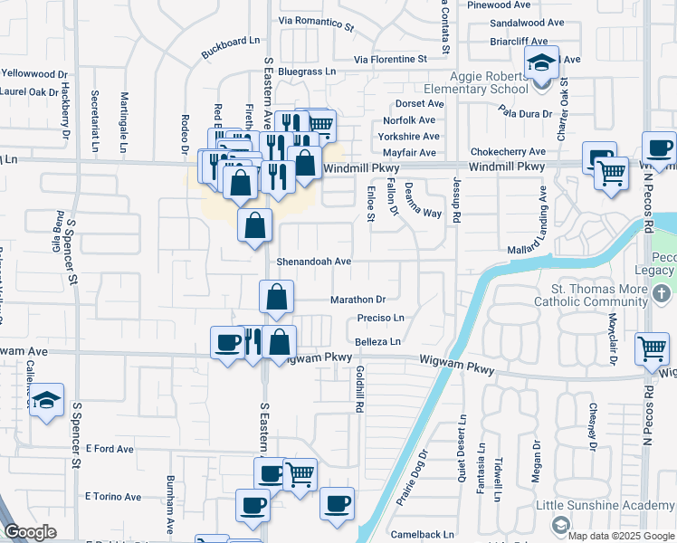 map of restaurants, bars, coffee shops, grocery stores, and more near 2840 Shenandoah Avenue in Henderson