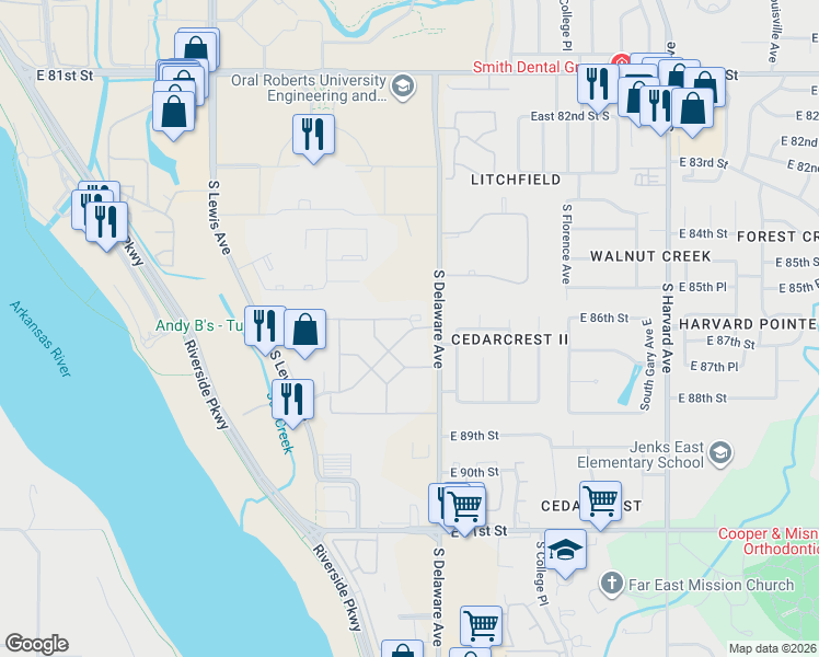 map of restaurants, bars, coffee shops, grocery stores, and more near 2747-2773 East 87th Street in Tulsa