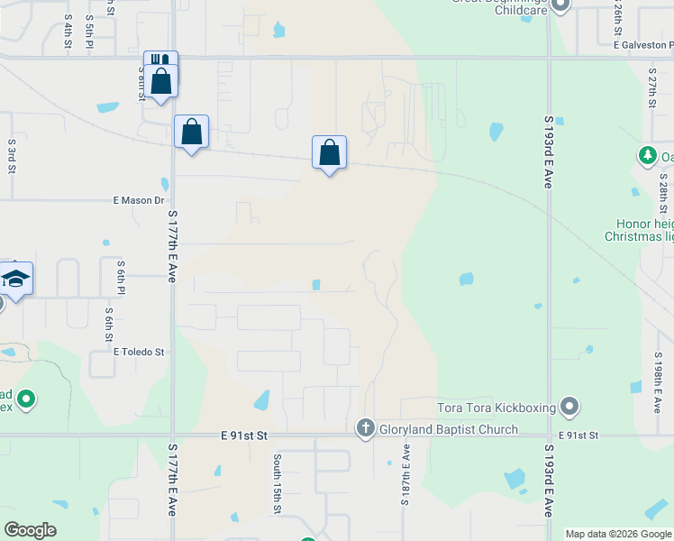 map of restaurants, bars, coffee shops, grocery stores, and more near 8709 South Lynn Lane Road in Broken Arrow