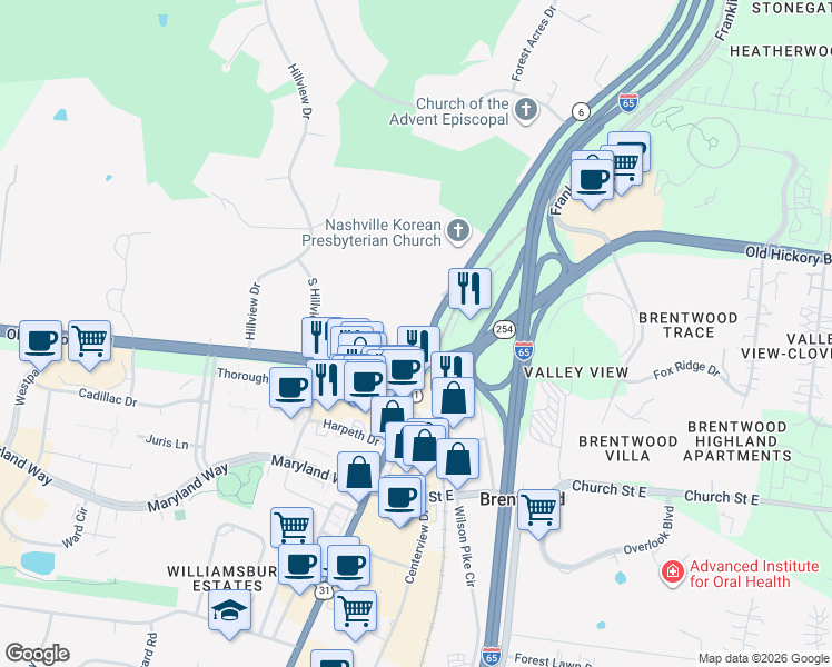 map of restaurants, bars, coffee shops, grocery stores, and more near 5605 Franklin Pike Circle in Brentwood