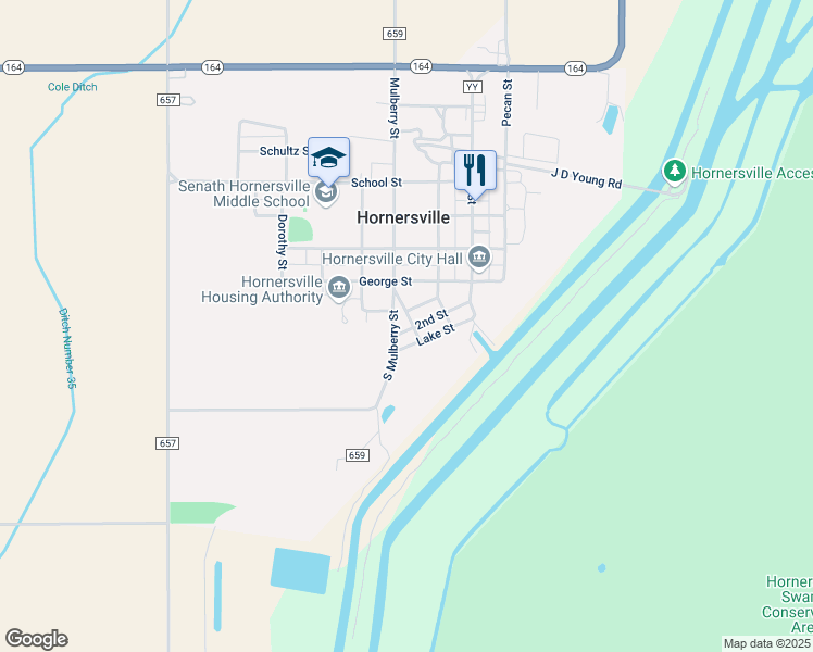 map of restaurants, bars, coffee shops, grocery stores, and more near 201 Bunch Street in Hornersville
