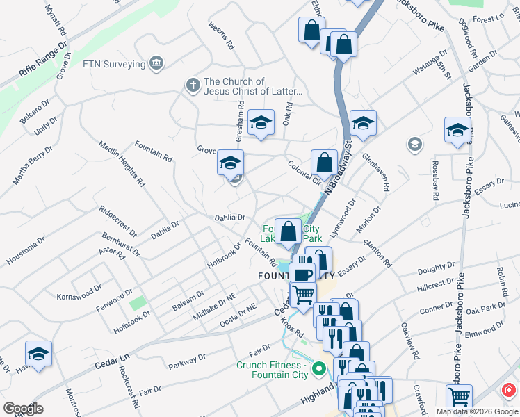 map of restaurants, bars, coffee shops, grocery stores, and more near 500 Hotel Road in Knoxville
