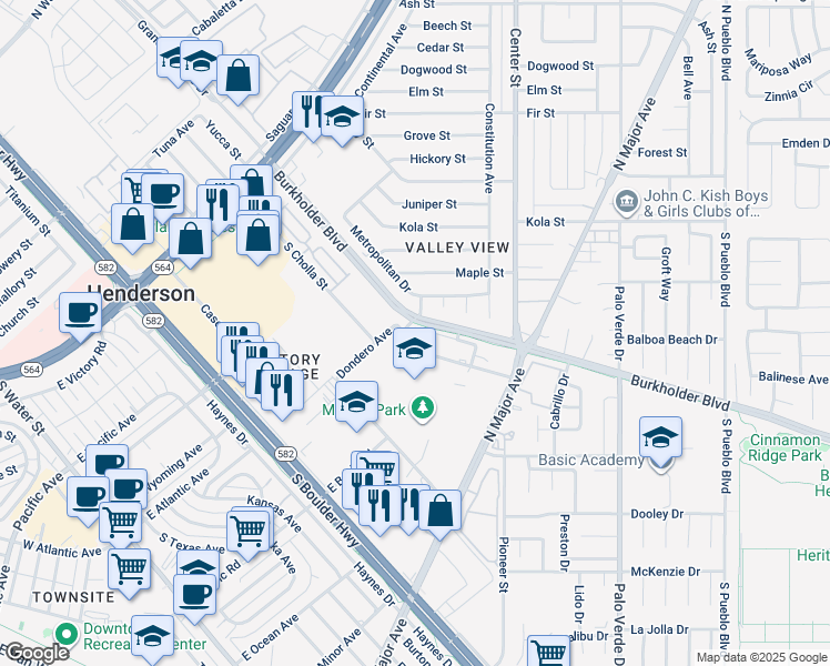 map of restaurants, bars, coffee shops, grocery stores, and more near 136 Judy Lane in Henderson